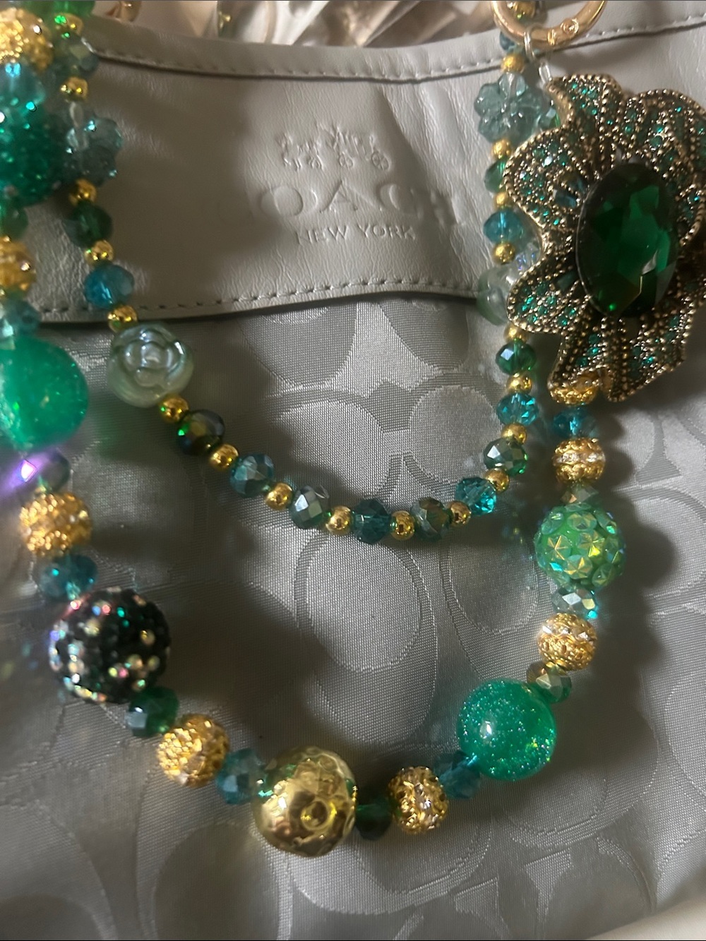 Keychain Emerald and Gold Beaded Statement Necklace with Floral Pendant